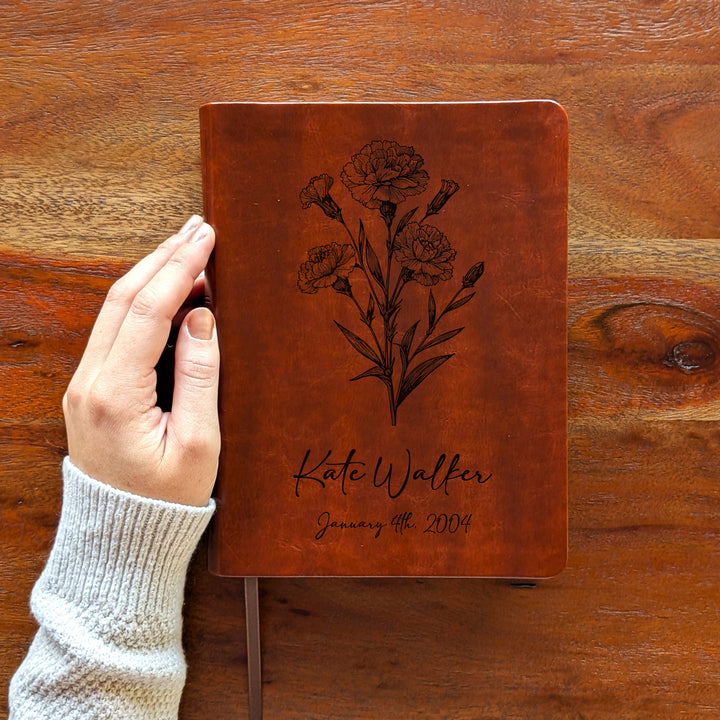 Personalized NLT Journaling Bible – Dark Brown | January Birth Flower