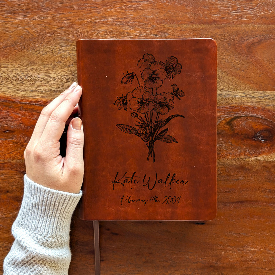 Personalized NLT Journaling Bible – Dark Brown | February Birth Flower