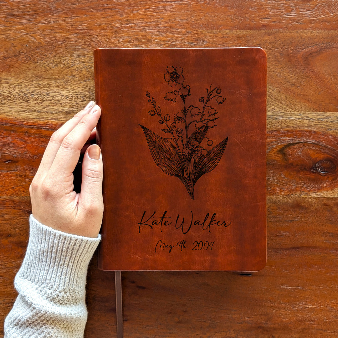 Personalized NLT Journaling Bible – Dark Brown | May Birth Flower