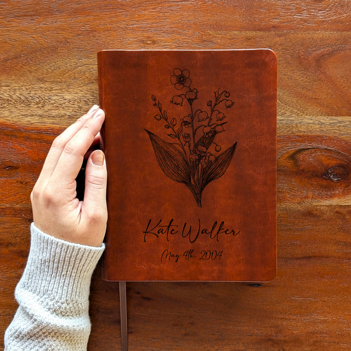 Personalized NLT Journaling Bible – Dark Brown | May Birth Flower
