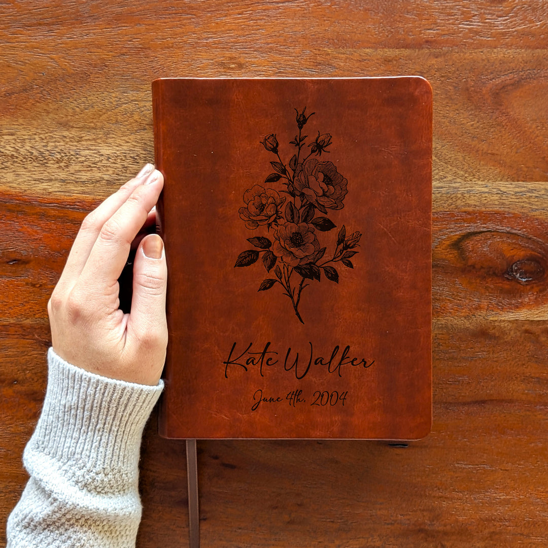 Personalized NLT Journaling Bible – Dark Brown | June Birth Flower