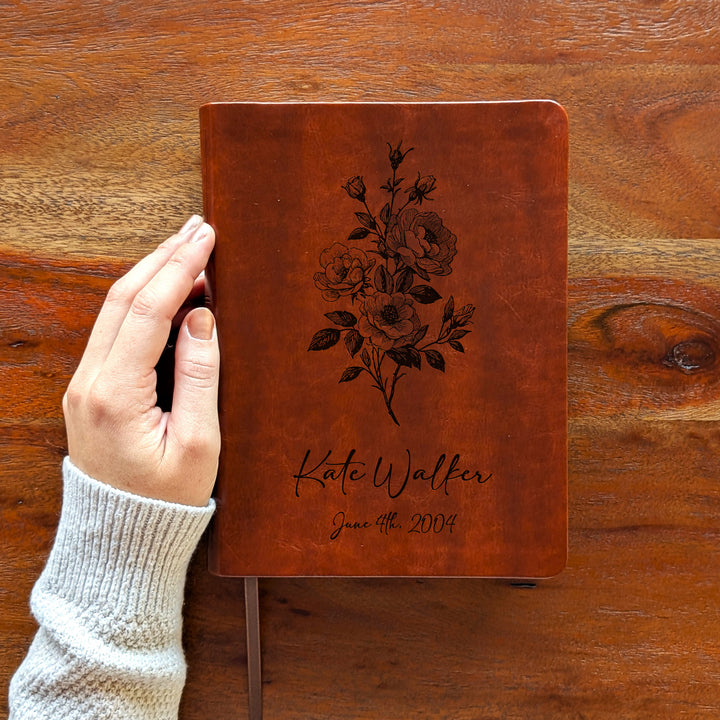 Personalized NLT Journaling Bible – Dark Brown | June Birth Flower