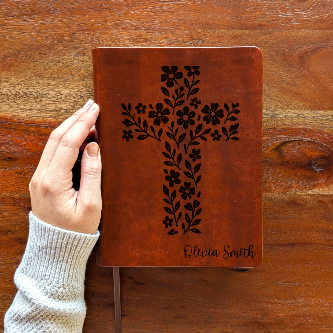 Personalized NLT Journaling Bible – Dark Brown | Simple Flower Cross