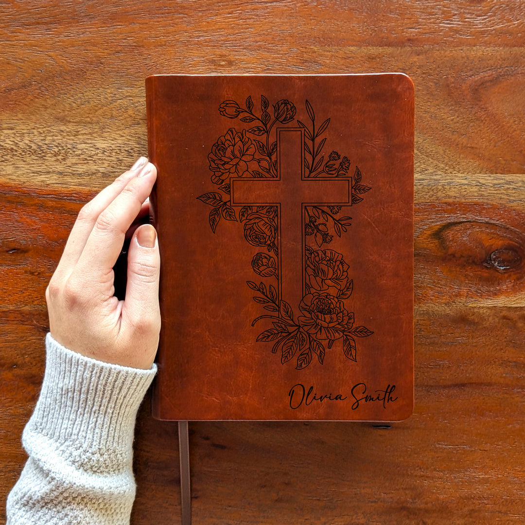 Personalized NLT Journaling Bible – Dark Brown | Floral Cross