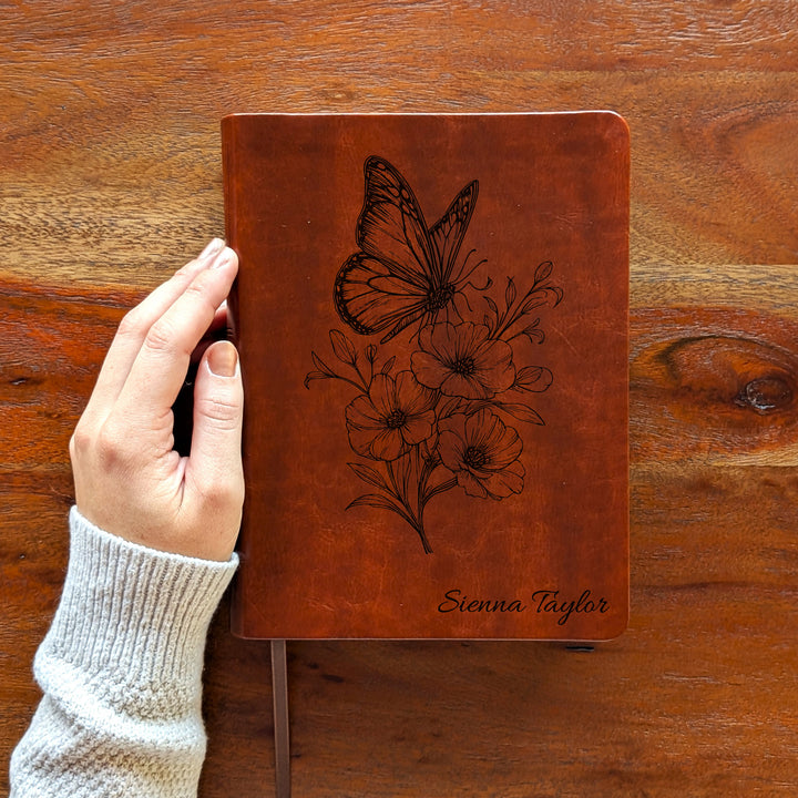 Personalized NLT Journaling Bible – Dark Brown | Butterfly Flowers
