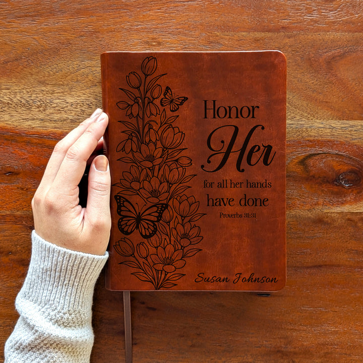 Personalized NLT Journaling Bible – Dark Brown | Tulips Butterfly Honor Her
