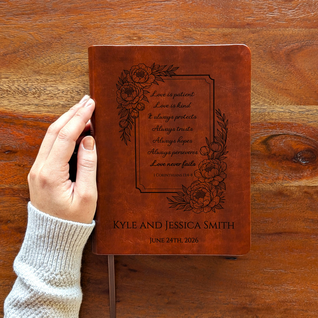 Personalized NLT Journaling Bible – Dark Brown | Floral Love is Patient