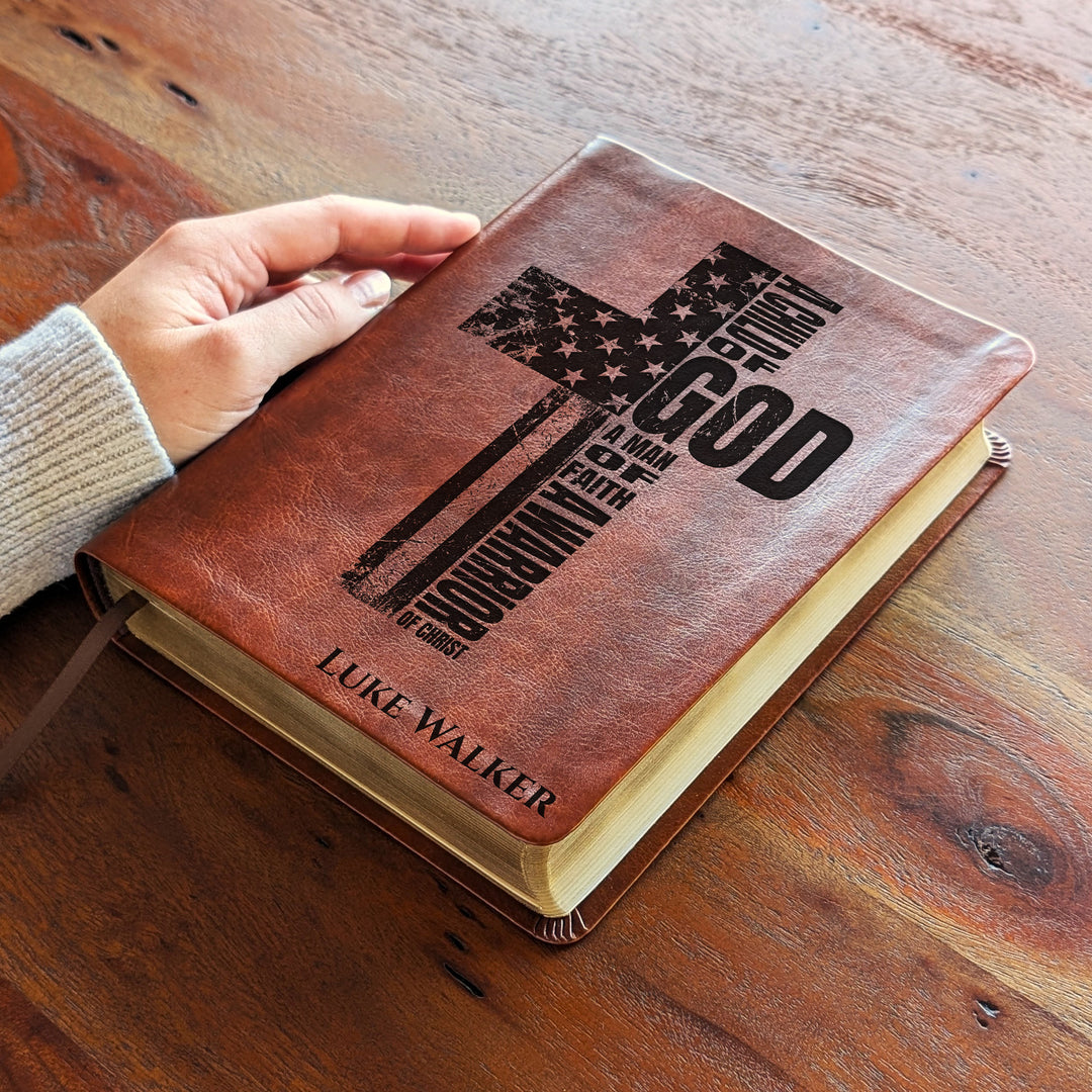 Personalized NLT Journaling Bible – Dark Brown | Patriotic Cross (Man of Faith)