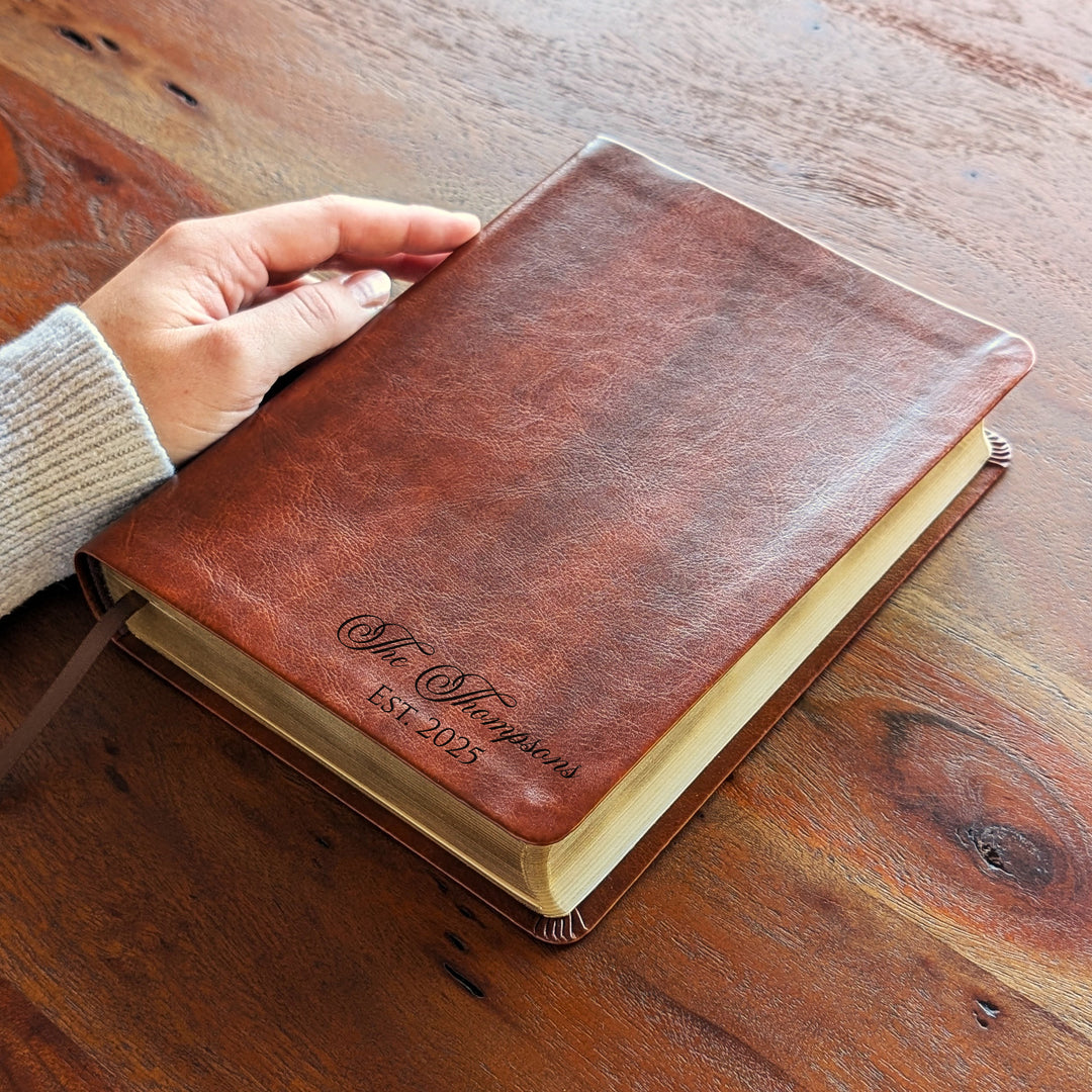 Personalized NLT Journaling Bible – Dark Brown | Family Name Bottom Right