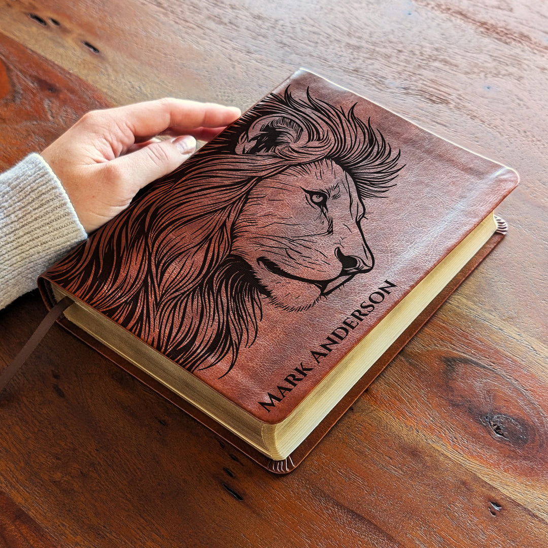 Personalized NLT Journaling Bible – Dark Brown | Lion Side Profile