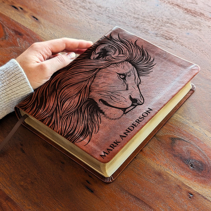 Personalized NLT Journaling Bible – Dark Brown | Lion Side Profile