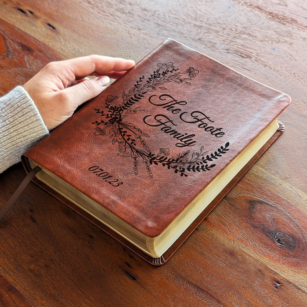 Personalized NLT Journaling Bible – Dark Brown | Wreath Family Name