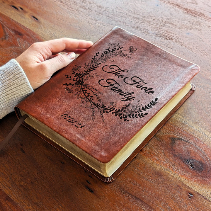 Personalized NLT Journaling Bible – Dark Brown | Wreath Family Name
