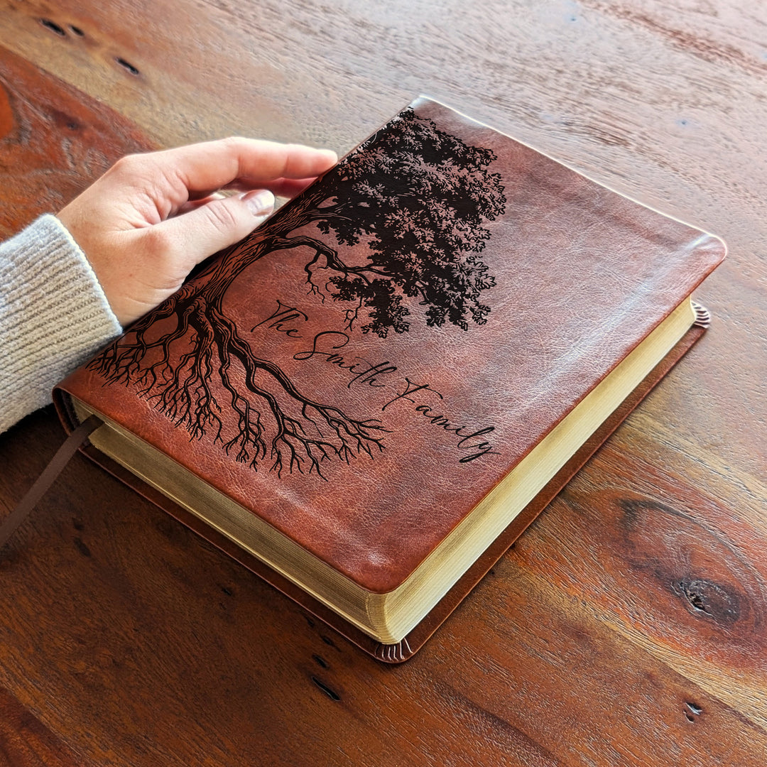 Personalized NLT Journaling Bible – Dark Brown | Oak Family Tree Side