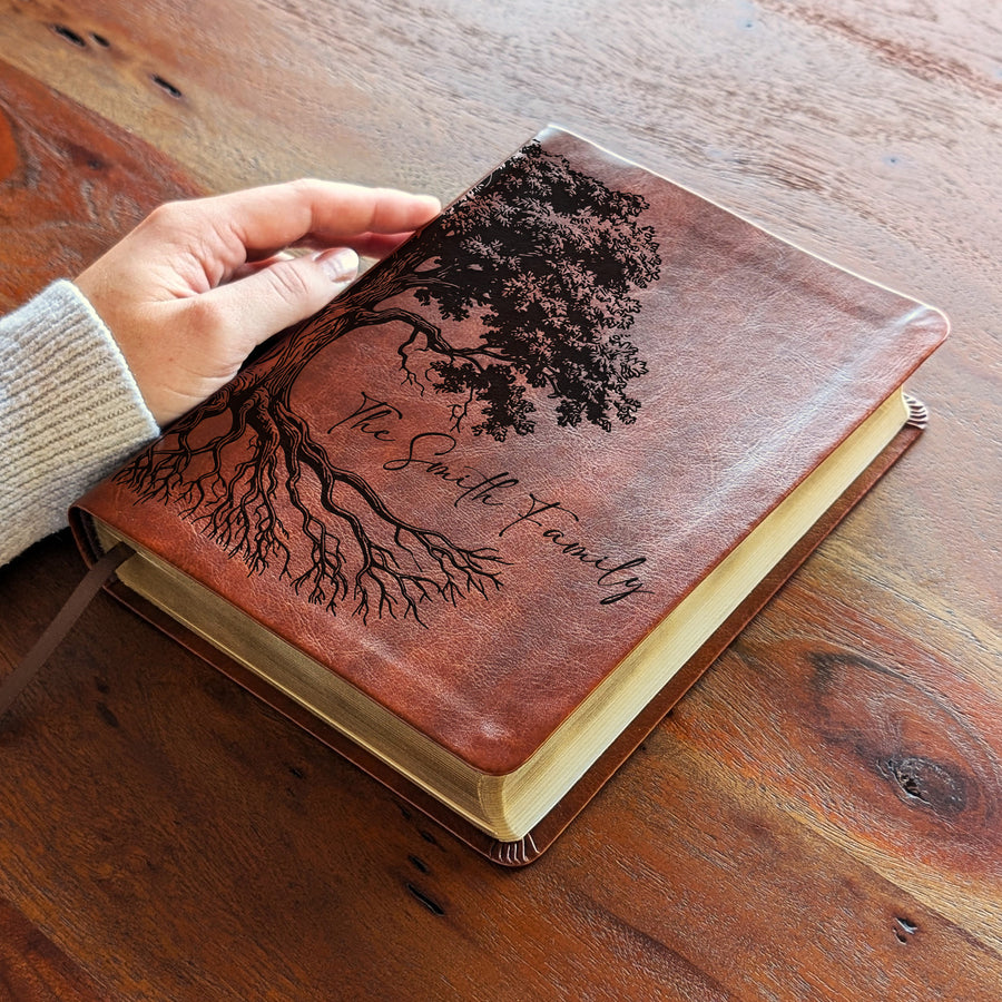 Personalized NLT Journaling Bible – Dark Brown | Oak Family Tree Side.