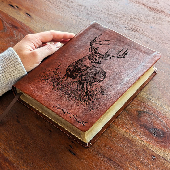 Personalized NLT Journaling Bible – Dark Brown | Stag in Grass