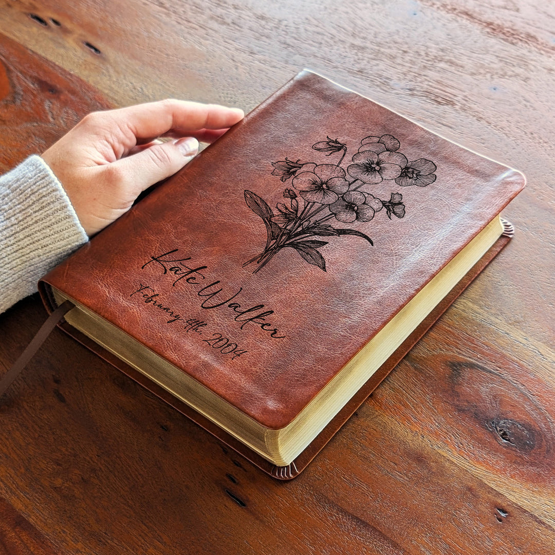 Personalized NLT Journaling Bible – Dark Brown | February Birth Flower
