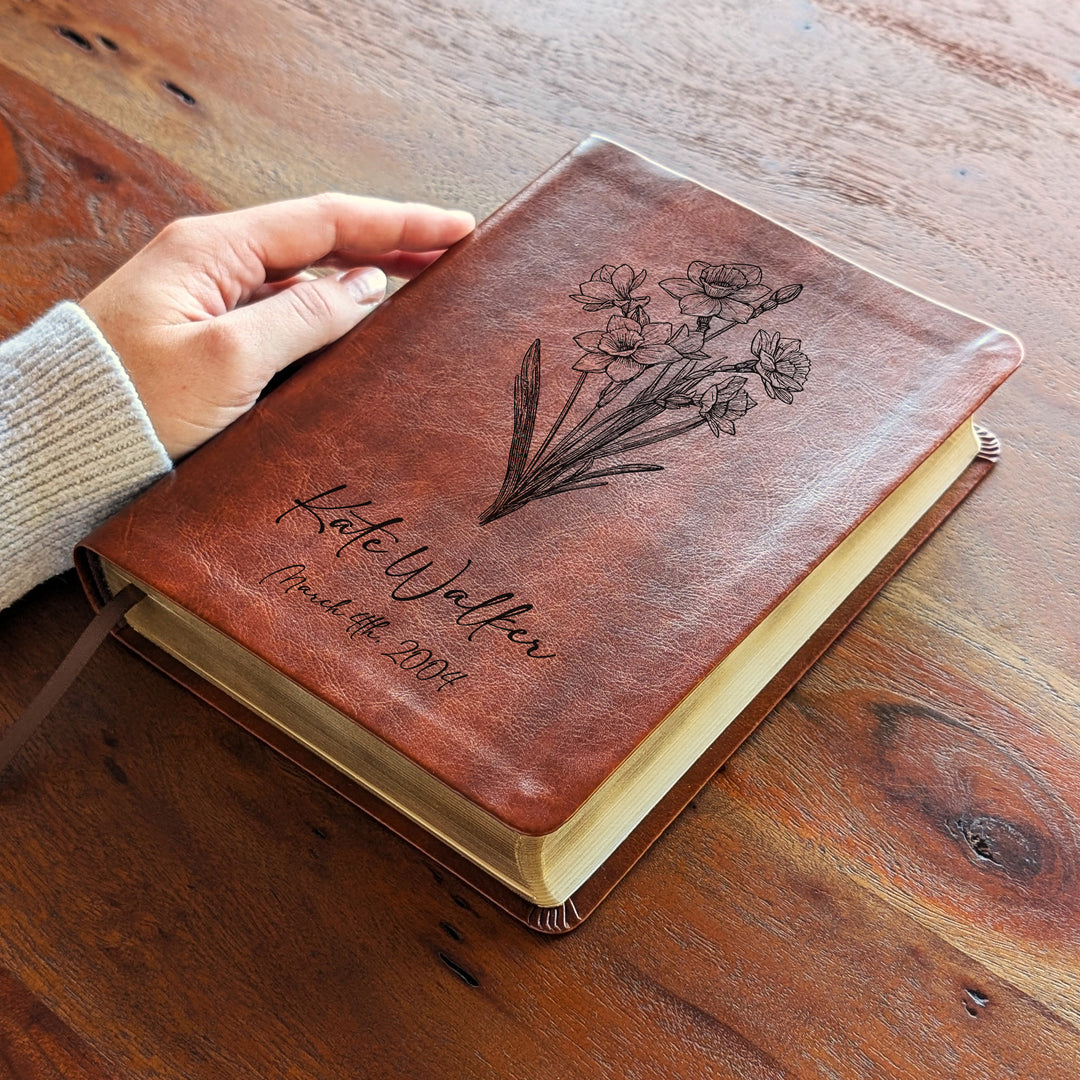 Personalized NLT Journaling Bible – Dark Brown | March Birth Flower