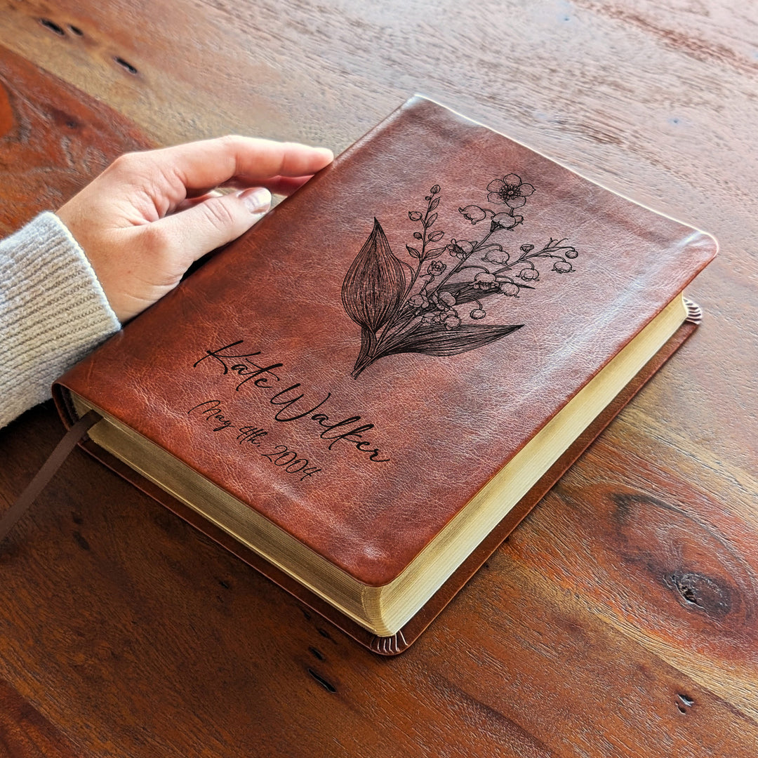 Personalized NLT Journaling Bible – Dark Brown | May Birth Flower