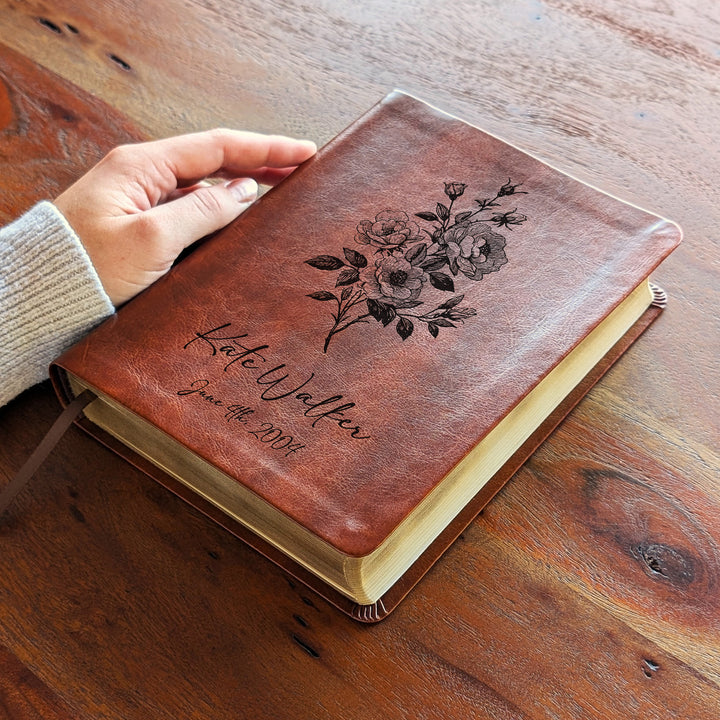 Personalized NLT Journaling Bible – Dark Brown | June Birth Flower