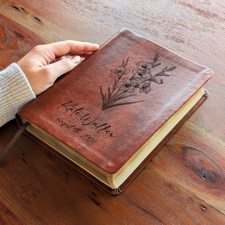 Personalized NLT Journaling Bible – Dark Brown | August Birth Flower
