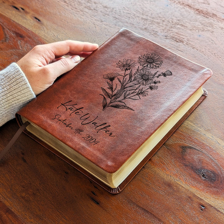 Personalized NLT Journaling Bible – Dark Brown | September Birth Flower