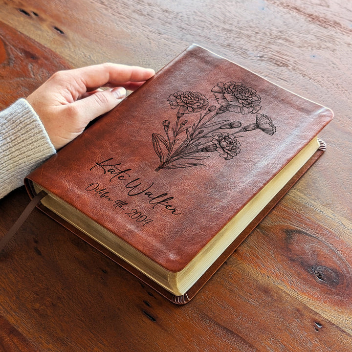 Personalized NLT Journaling Bible – Dark Brown | October Birth Flower