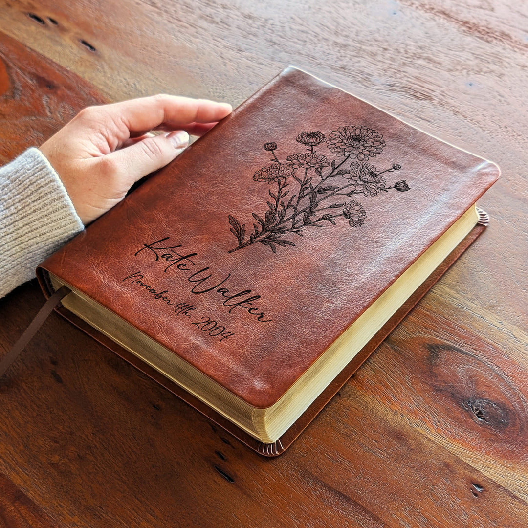 Personalized NLT Journaling Bible – Dark Brown | November Birth Flower
