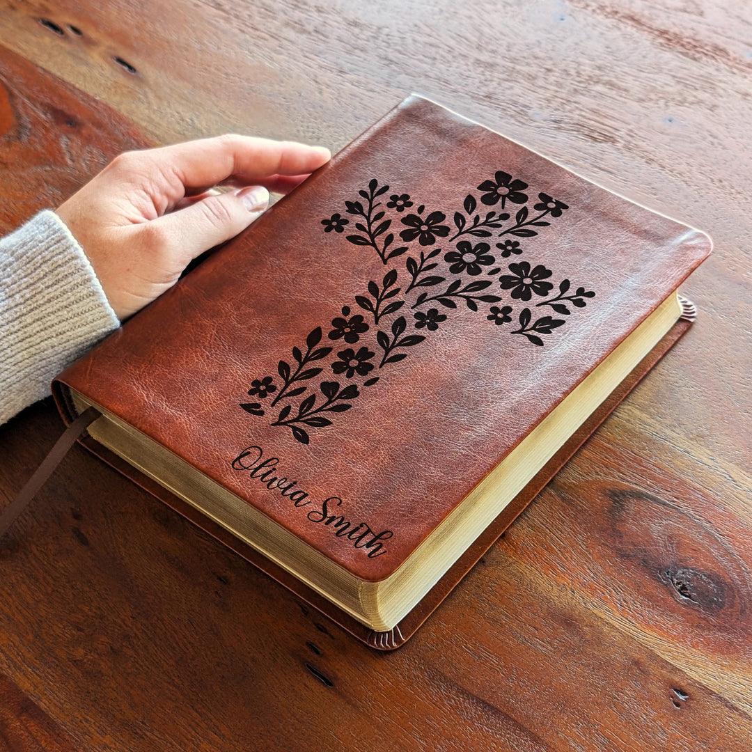 Personalized NLT Journaling Bible – Dark Brown | Simple Flower Cross