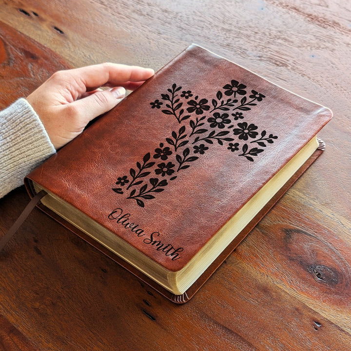 Personalized NLT Journaling Bible – Dark Brown | Simple Flower Cross