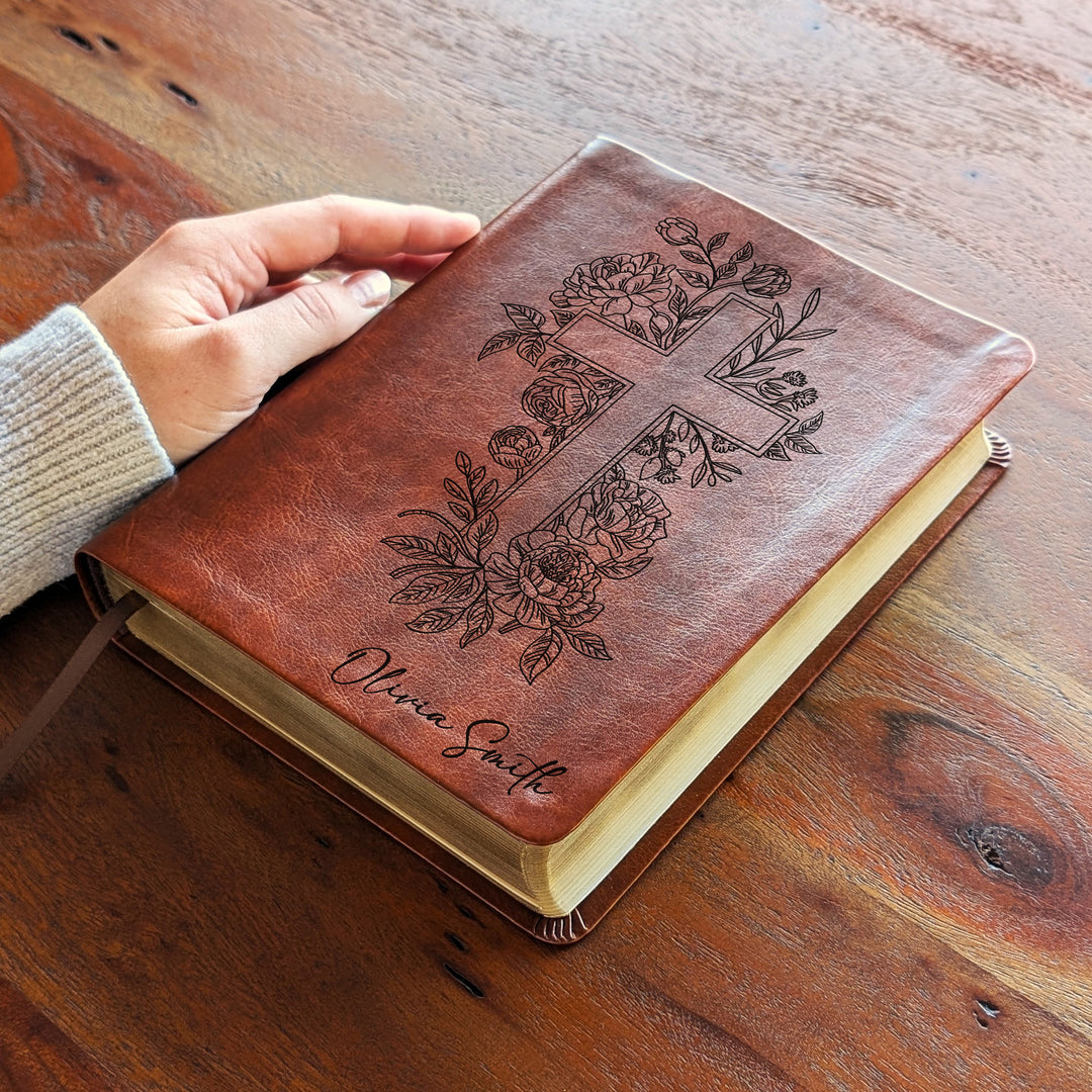 Personalized NLT Journaling Bible – Dark Brown | Floral Cross