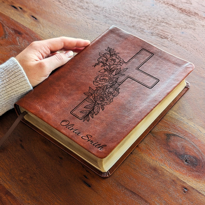 Personalized NLT Journaling Bible – Dark Brown | Peony Cross