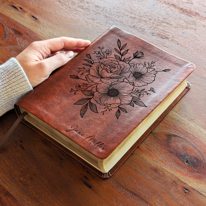 Personalized NLT Journaling Bible – Dark Brown | Rose Poppy Flower Bunch
