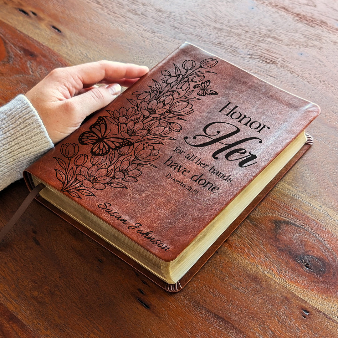 Personalized NLT Journaling Bible – Dark Brown | Tulips Butterfly Honor Her