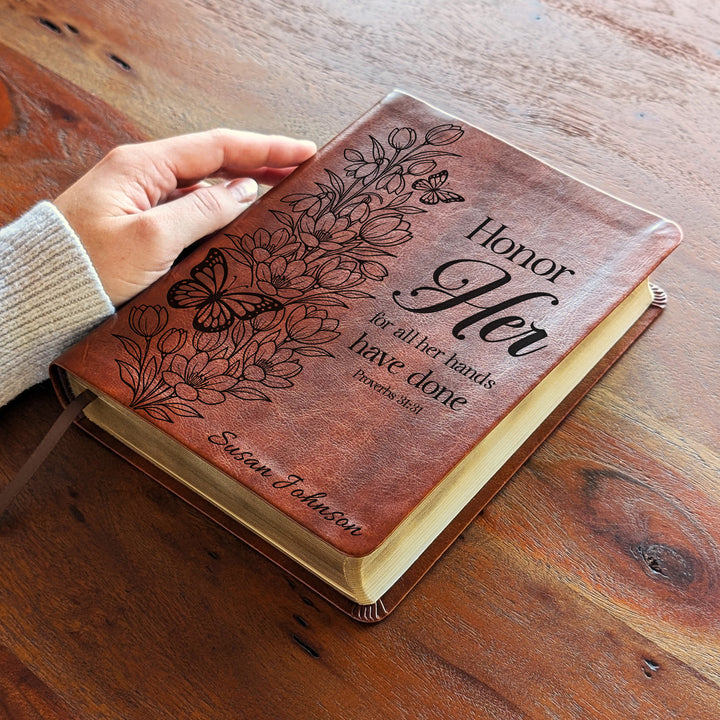 Personalized NLT Journaling Bible – Dark Brown | Tulips Butterfly Honor Her
