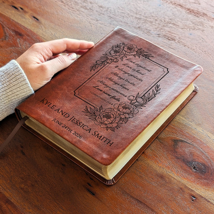 Personalized NLT Journaling Bible – Dark Brown | Floral Love is Patient