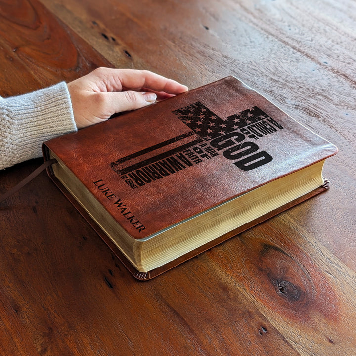 Personalized NLT Journaling Bible – Dark Brown | Patriotic Cross (Man of Faith)
