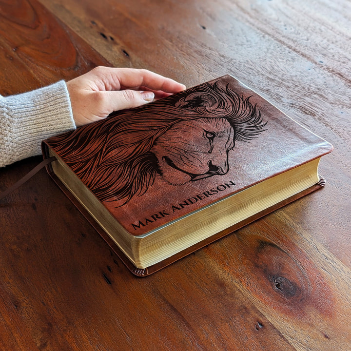 Personalized NLT Journaling Bible – Dark Brown | Lion Side Profile