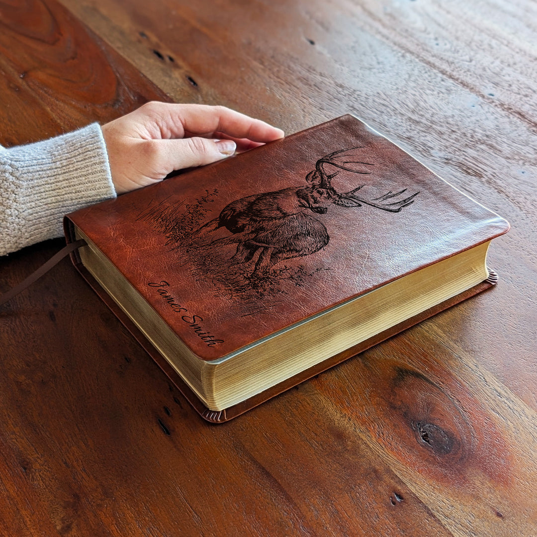 Personalized NLT Journaling Bible – Dark Brown | Stag in Grass