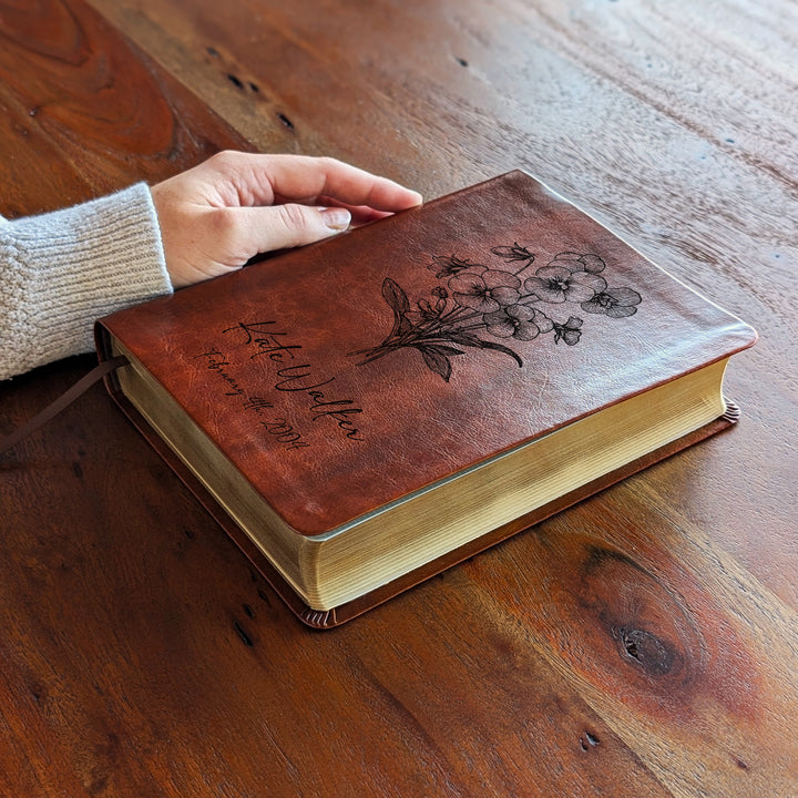 Personalized NLT Journaling Bible – Dark Brown | February Birth Flower