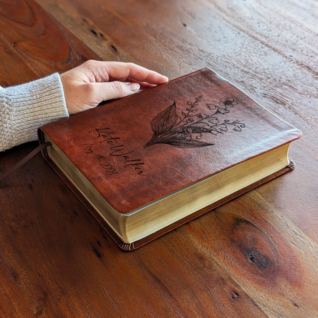 Personalized NLT Journaling Bible – Dark Brown | May Birth Flower