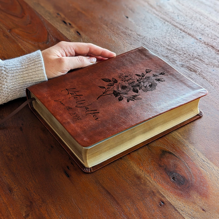 Personalized NLT Journaling Bible – Dark Brown | June Birth Flower