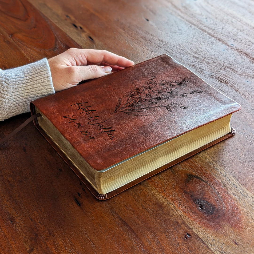 Personalized NLT Journaling Bible – Dark Brown | July Birth Flower