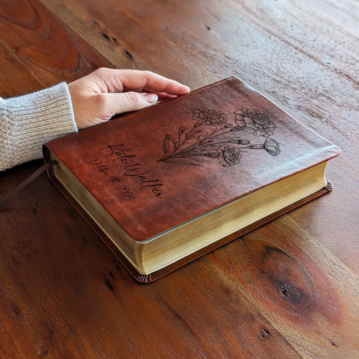 Personalized NLT Journaling Bible – Dark Brown | October Birth Flower
