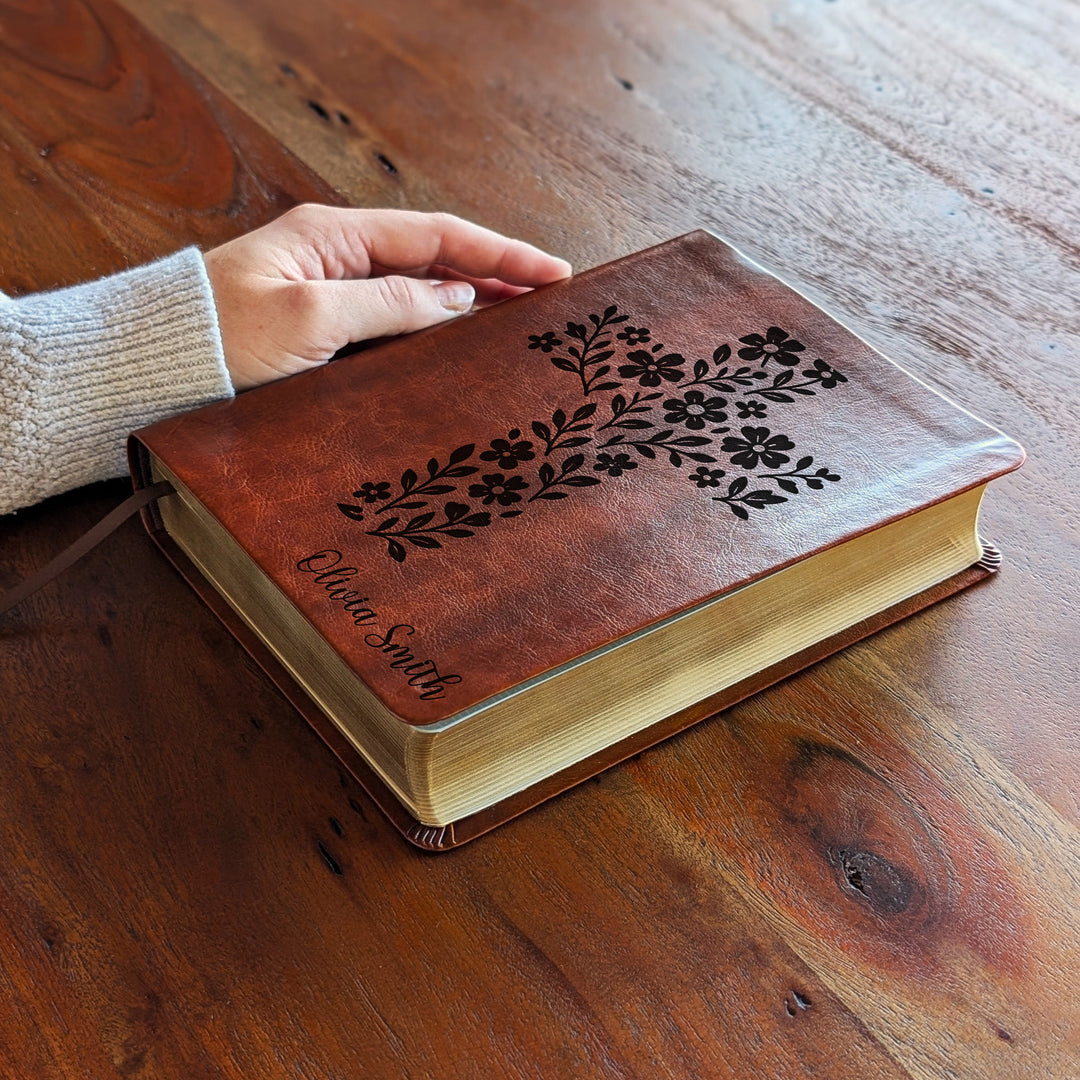 Personalized NLT Journaling Bible – Dark Brown | Simple Flower Cross