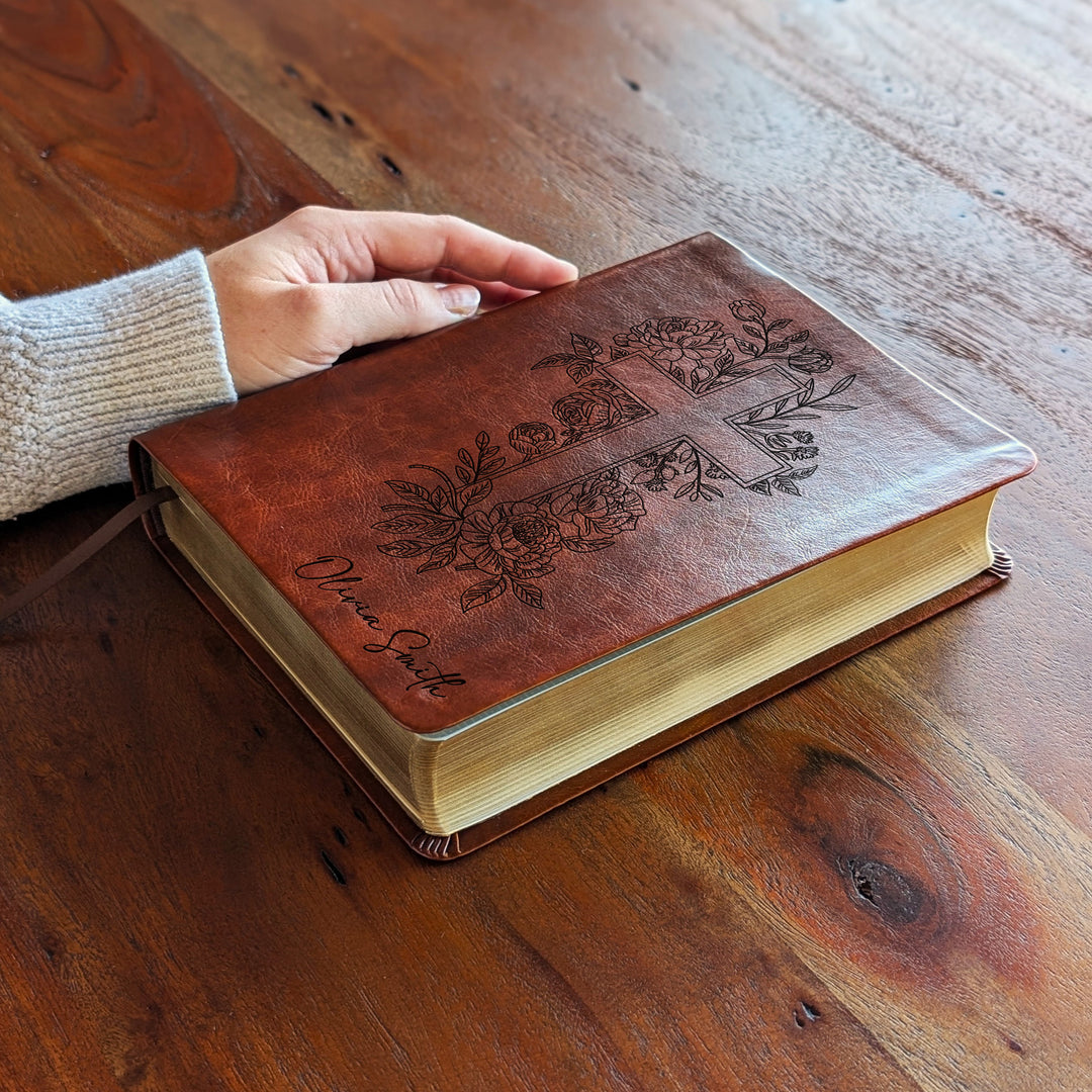 Personalized NLT Journaling Bible – Dark Brown | Floral Cross