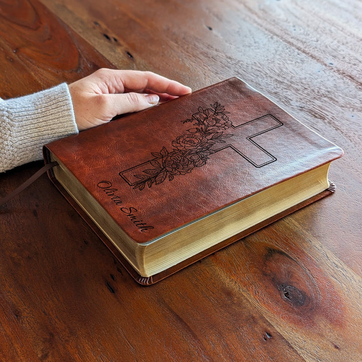 Personalized NLT Journaling Bible – Dark Brown | Peony Cross