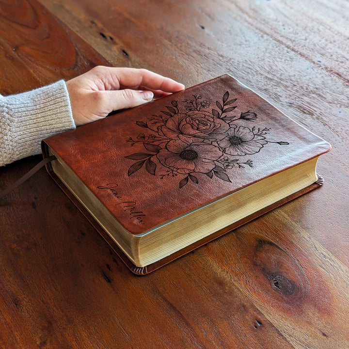 Personalized NLT Journaling Bible – Dark Brown | Rose Poppy Flower Bunch