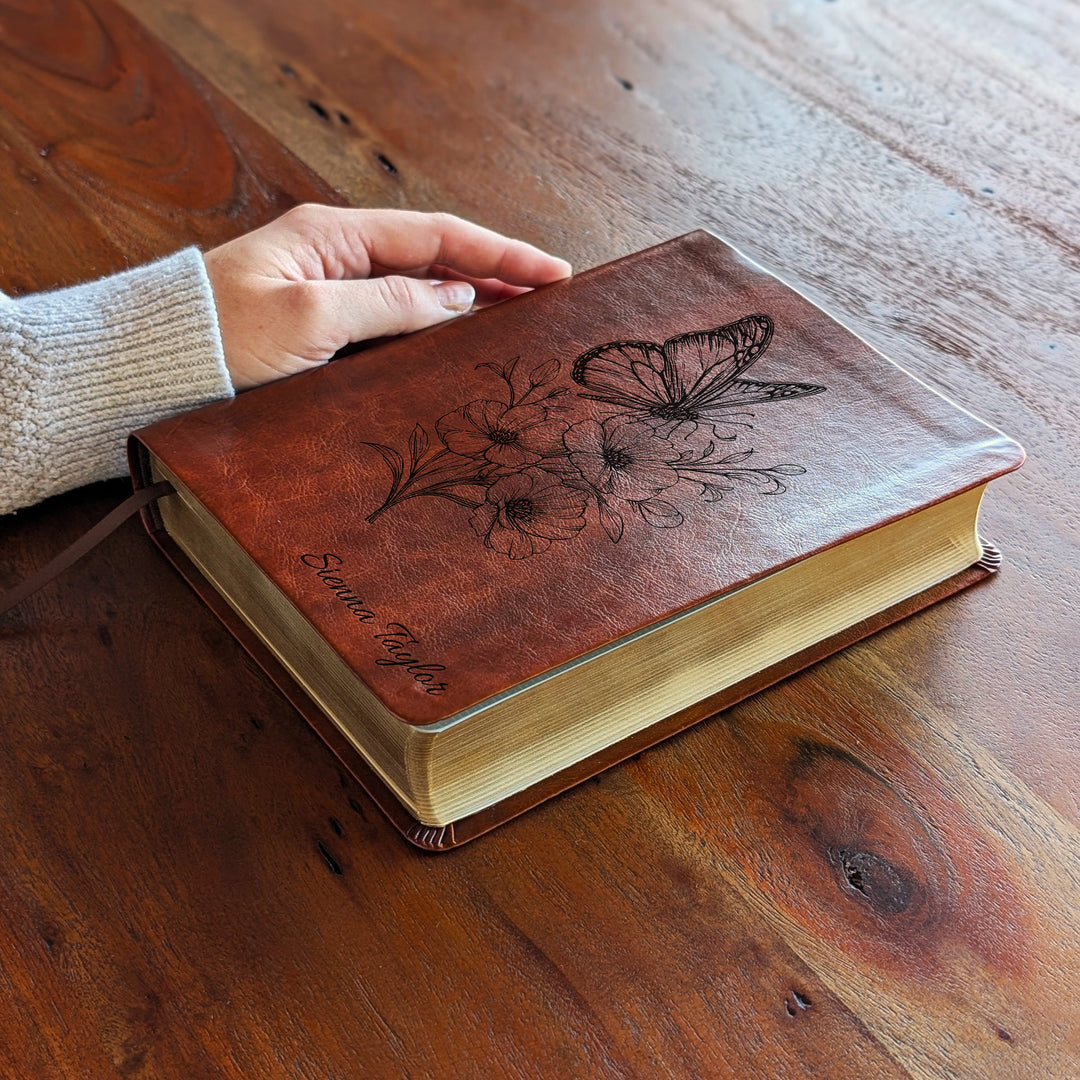 Personalized NLT Journaling Bible – Dark Brown | Butterfly Flowers