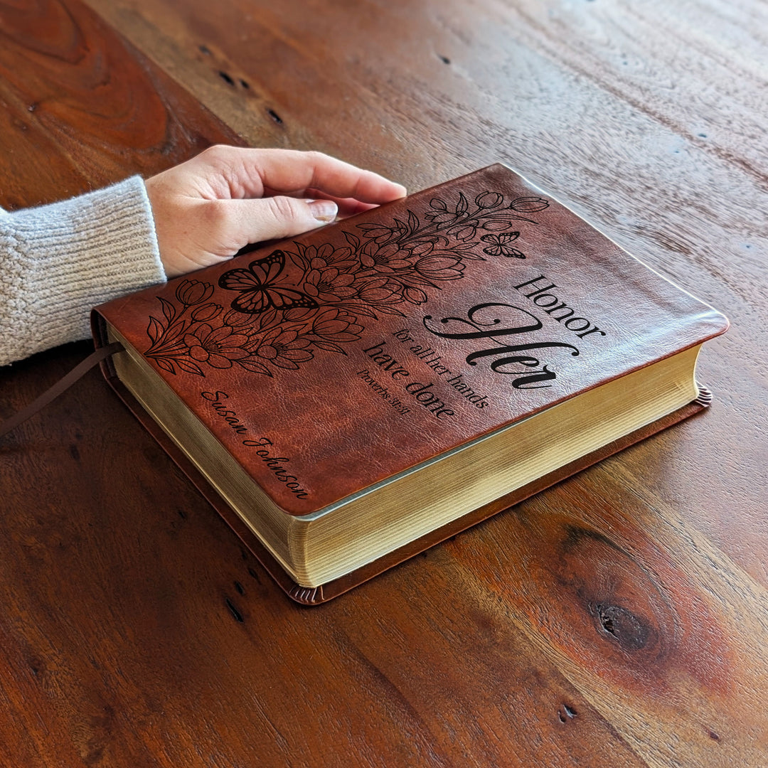 Personalized NLT Journaling Bible – Dark Brown | Tulips Butterfly Honor Her